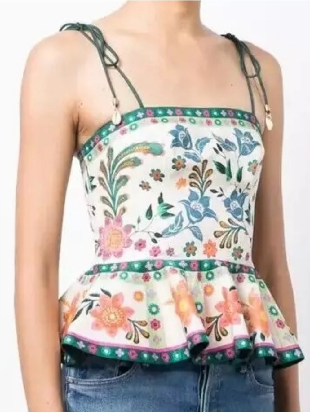 Zimmerman Floral Peplum Tie-Strap Top in White with Multicolor Blooms - Picture 14 of 16